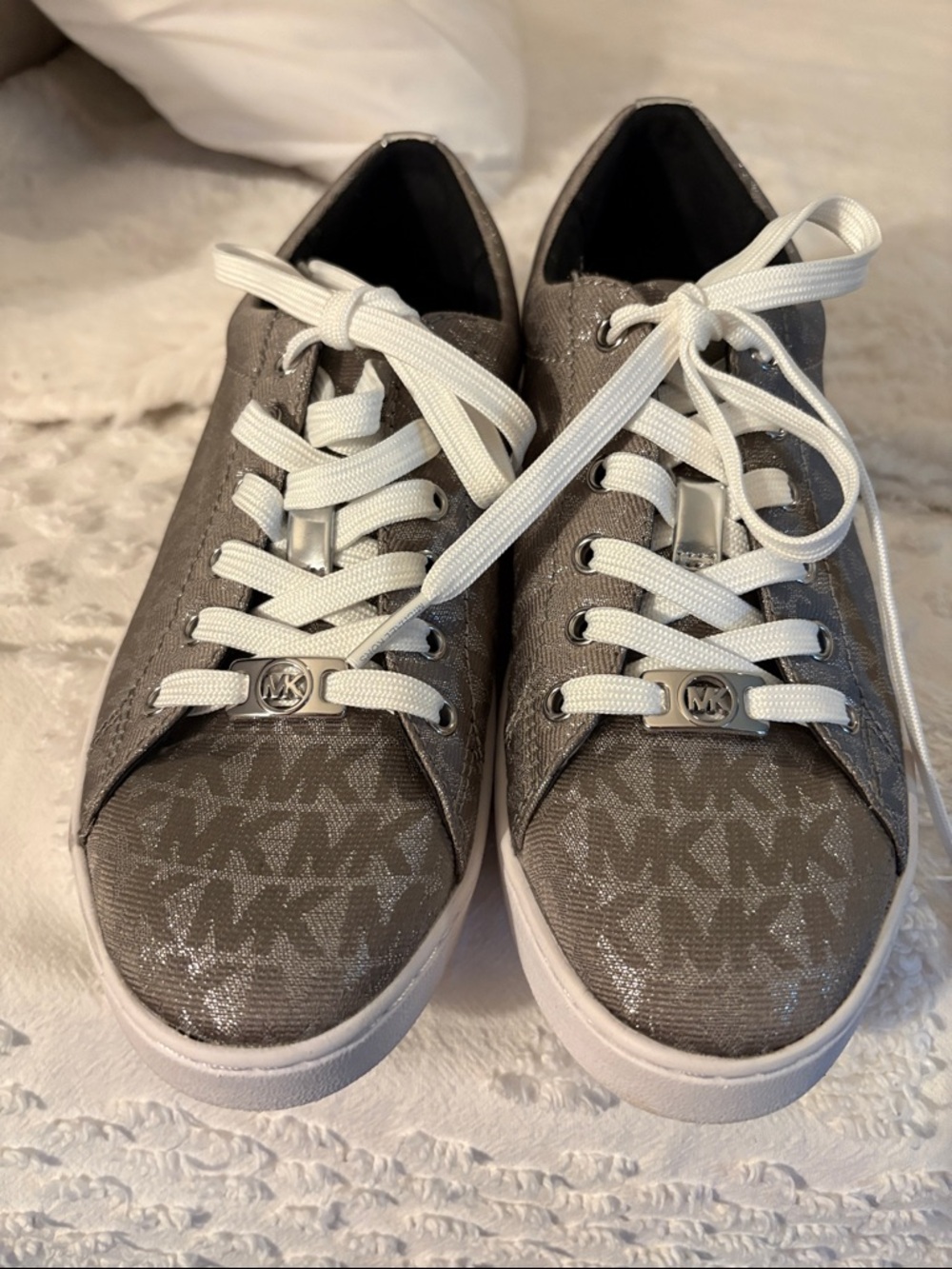 Michael Kors Silver-Gray Logo Low-Top Sneakers with White Laces